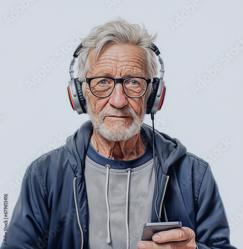 Smutny starszy mężczyzna, 70+ w okularach ze słuchawkami na uszach.