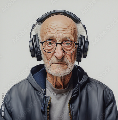 Smutny, starszy mężczyzna w okularach ze słuchawkami na uszach.