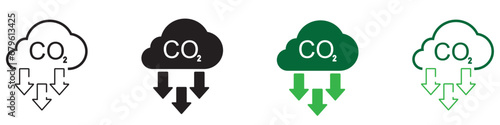 CO2 emission, reduction, neutrality concept vector flat icon set. Carbon dioxide zero footprint, carbon gas air pollution protection, ecology environment CO2 green clouds for your designs.