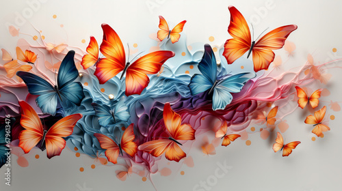 Abstract colorful background with blue and orange butterflies. Generative AI technology.