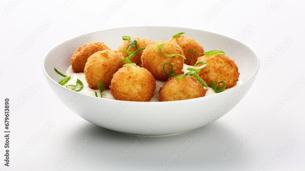 featuring Potato Croquettes elegantly arranged in a white bowl against a pristine white background, the golden brown texture and mouthwatering details to showcase the deliciousness of this dish.