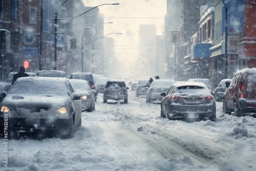  city. snowstorm. car in winter road