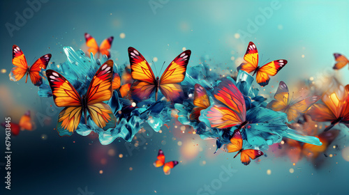 Abstract colorful background with blue and orange butterflies. Generative AI technology. © Grycaj