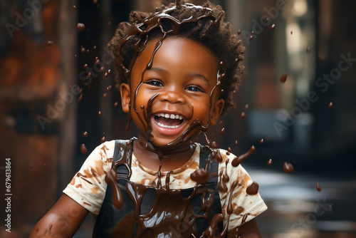 African small boy playing with chocolate and splash it