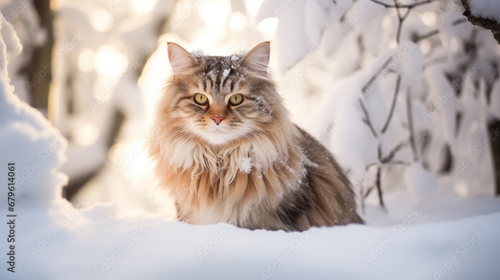 A cat looking funny with snow all over her face sitting on a field covered in snow looking up, generative ai