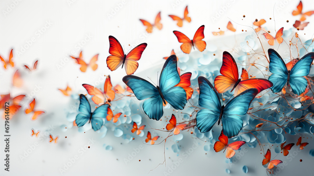 Abstract colorful background with blue and orange butterflies. Generative AI technology.