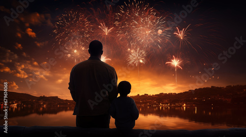 Silhouette of father and son watching a fireworks festival  generative ai