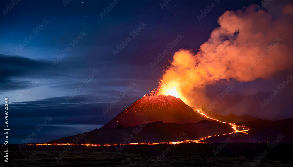 Photo-Illustration of an Erupting Volcano In The North Atlantic Ocean at Night With Lava Pouring downhill towards people
