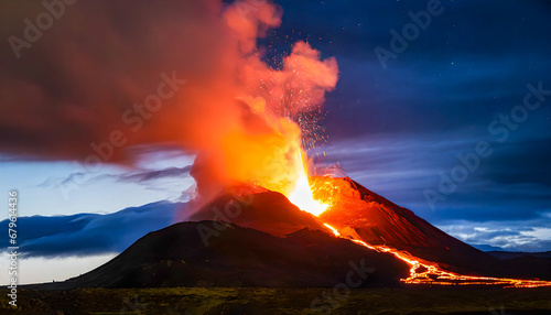 Photo-Illustration of an Erupting Volcano In The North Atlantic Ocean at Night With Lava Pouring downhill towards people