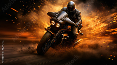 Black motorcycle with rider. © Little