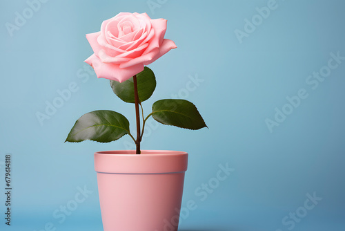 delicate pink rose in a pink ceramic pot