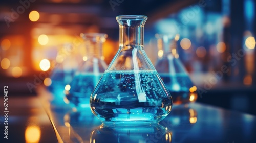 Close-up of blue glass flasks standing in row. Scientific chemistry research. Laboratory backdrop. Generative AI photo