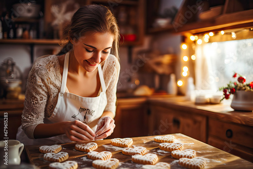 Young woman in the kitchen preparing heart-shaped cookies on Valentine's Day