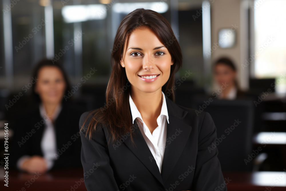 female executive with presentation behind female executive with presentation behind