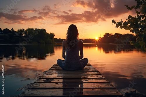 Serene meditation at sunset on tranquil lake pier