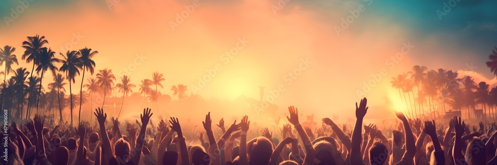 Fototapeta premium Menschen feiern im Sommer an einem Strand / Strandparty Wallpaper / Musik Festival Poster / Breitbild Panorama Hintergrundbild / Ai-Ki generiert