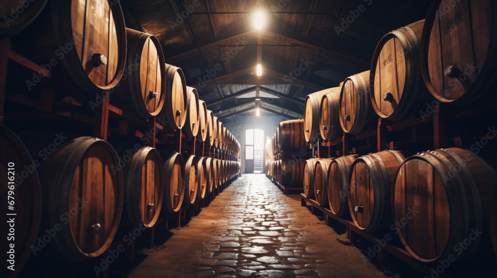 Rows of wine barrels in wine-vaults in order. Cellar with French barrique wine casks. Generative AI