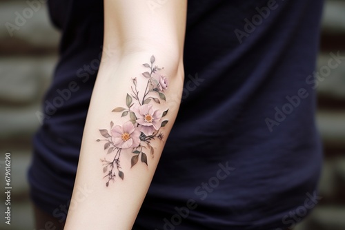 Intricate Tattoo Details: A realistic portrayal zooming in on small tattoos on a woman's arm, highlighting finesse, intricate patterns, and personal significance in each diminutive design