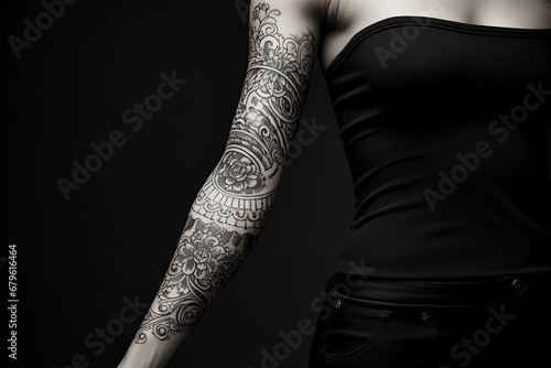 Intricate Tattoo Details: A realistic portrayal zooming in on small tattoos on a woman's arm, highlighting finesse, intricate patterns, and personal significance in each diminutive design