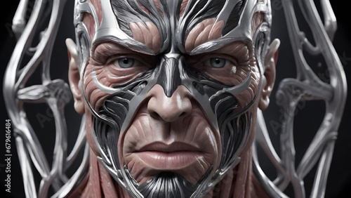 Futuristic solid muscle reticular tissues, layered silver and black muscle, face muscle