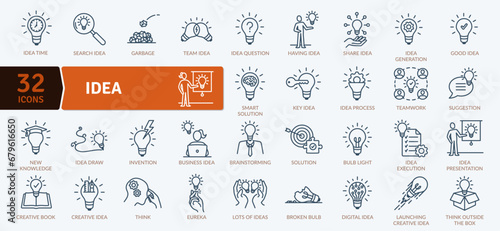 Idea icons pack. Idea may apply to a mental image or formulation of something seen or known or imagined