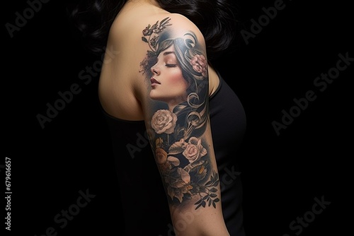 Intricate Tattoo Details: A realistic portrayal zooming in on small tattoos on a woman's arm, highlighting finesse, intricate patterns, and personal significance in each diminutive design