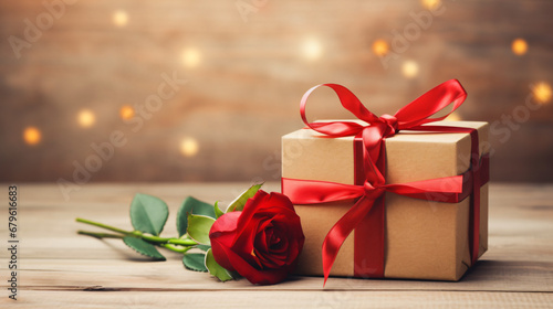 Gift box with red ribbon on wooden background. Vintage © UsamaR