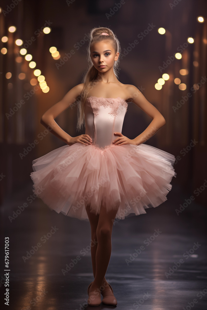 Fototapeta premium Pretty young ballerina child girl - Caucasian blond child - wearing a pink salmon dress