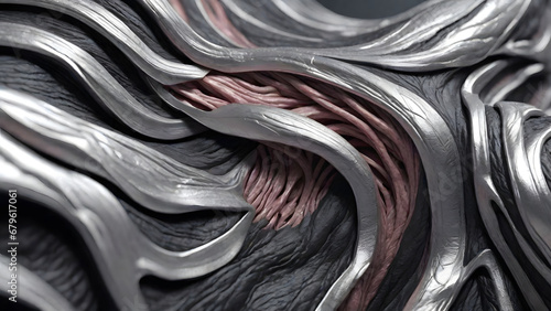 Futuristic solid muscle reticular tissues, layered silver and black muscle, skin muscles