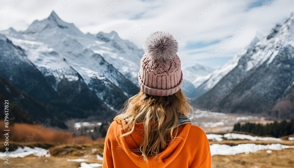 Portrait from the back of the girl traveler in an orange sweater and hat in the mountains against the background of a frozen mountain. Photo travel concept - obrazy, fototapety, plakaty 