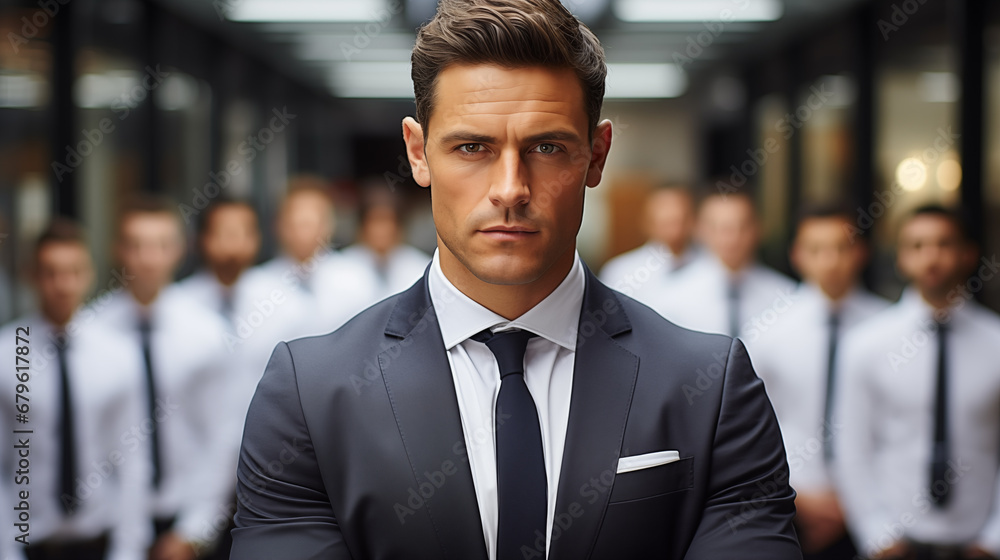 business, people and office concept - close up of serious young man in suit over office background