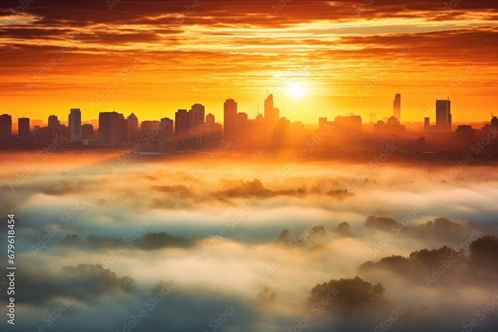 a radiant sunrise illuminating a foggy cityscape a radiant sunrise illuminating a foggy cityscape