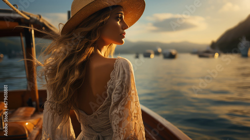 a girl on a yacht enjoys the sea at sunset photo