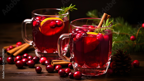 Christmas Mulled Wine Cranberries Cinnamon Sticks Festive Holiday Drink Wooden Table Pine Decor