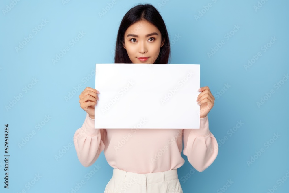 smiling woman holding a blank placard sign poster paper in his hands smiling woman holding a blank placard sign poster paper in his hands
