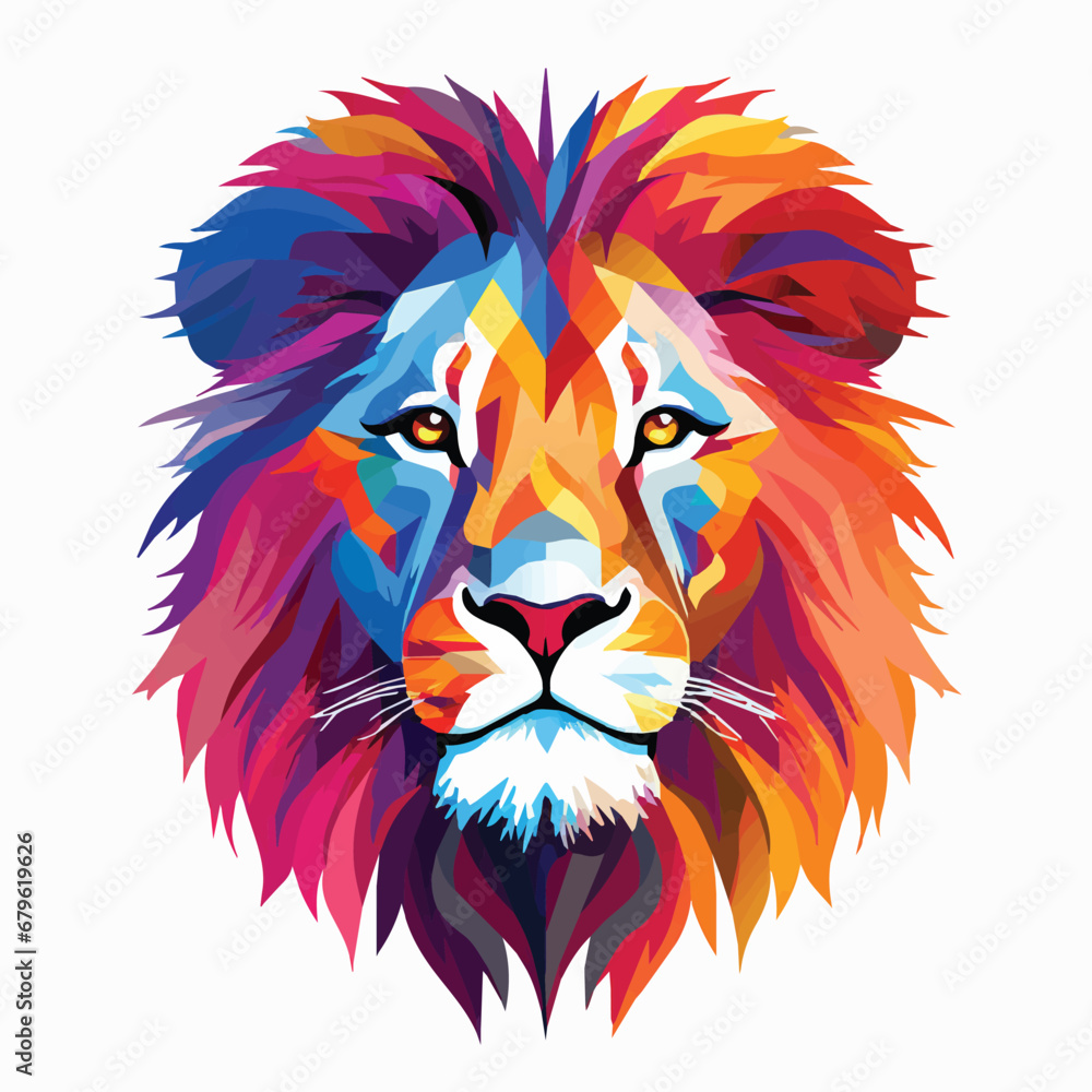 Vector drawing of a colorful lion head on a white background.