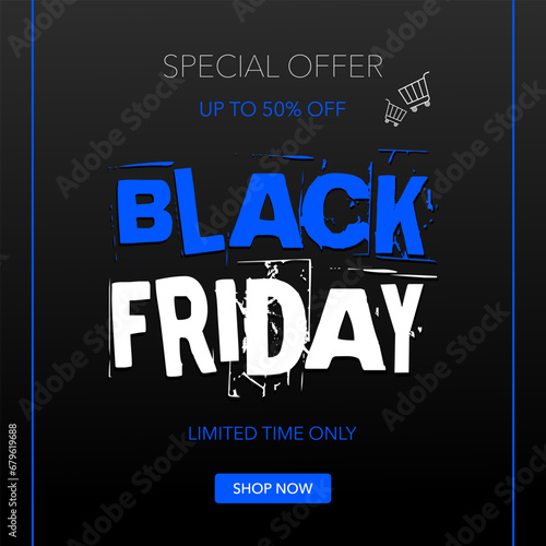 Black Friday Sale card with blue elements and text