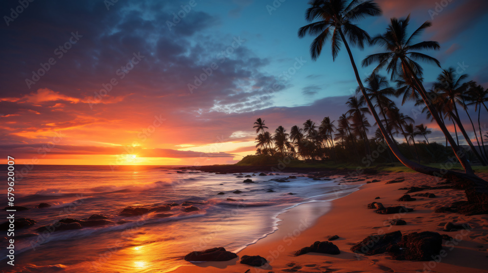 Gorgeous Hawaiian beach sunset with palm trees