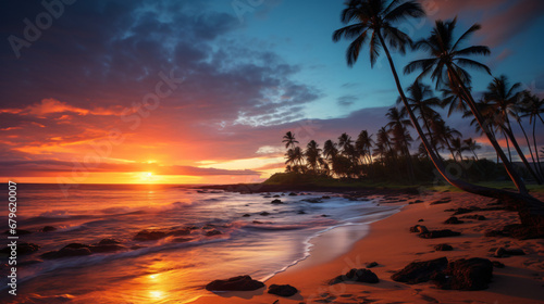 Gorgeous Hawaiian beach sunset with palm trees © UsamaR