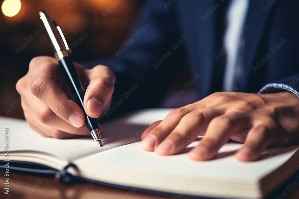 Close-up of a person taking notes while reading, showcasing the active engagement and learning aspect of literature, creativity with copy space