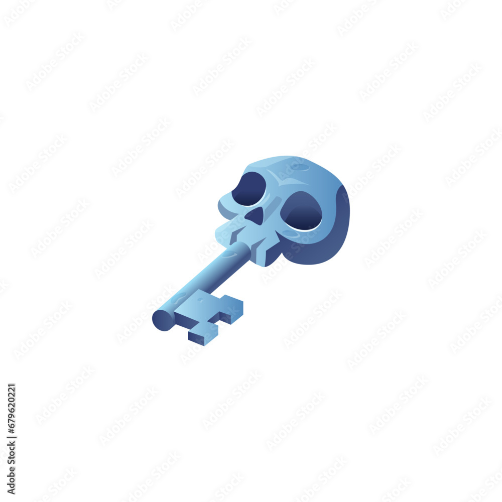 Metal game key with skull, vector magic skeleton game ui element, danger secret, password symbol, security interface Metal game key with skull, vector magic skeleton game ui element, danger secret, password symbol, security interface