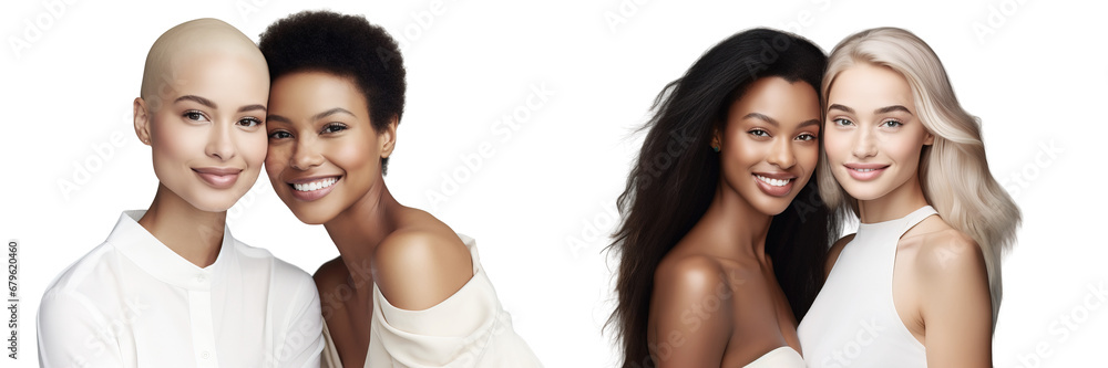 Beautiful healthy women are people of different ethnicities. The smile shows white teeth, beautiful clean well-groomed facial skin. Concept advertising of cosmetology and cosmetics products for skin c Beautiful healthy women are people of different ethnicities. The smile shows white teeth, beautiful clean well-groomed facial skin. Concept advertising of cosmetology and cosmetics products for skin c