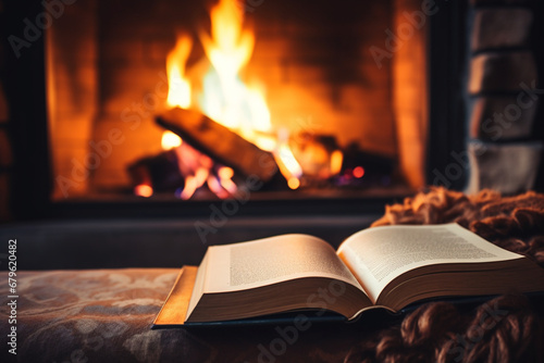 Close-up of a person engrossed in a book while sitting by a fireplace, creating a warm and cozy reading environment, creativity with copy space