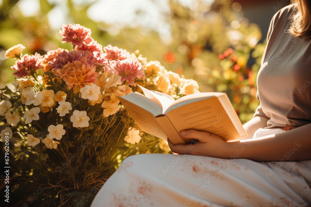 Φωτογραφία Close-up of a person reading in a garden surrounded by blooming flowers, illustr