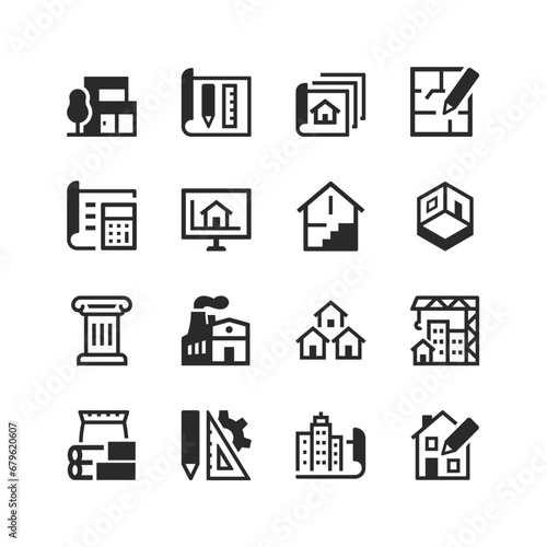 Architecture icons set. Architectural project, documentation. Drawing, plan. Project development of a house, a multi-storey building, an industrial building. Black and white style