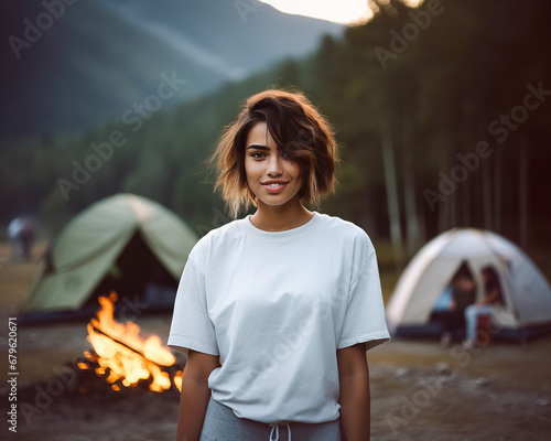 A portrait of a south asian woman wearing an oversize blank plain white tshirt mockup outdoors in nature, in a campsite with tents, and campfire