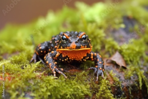 fire-bellied toad on mossy tree bark