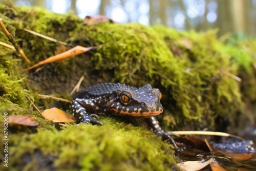 salamander on a mossy rock beside a burbling stream