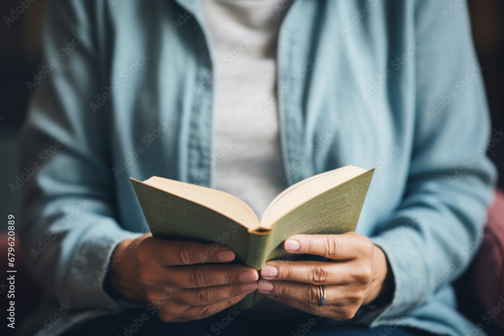 Close-up of a person's hands holding a book with emotional or thought-provoking content, capturing the depth and impact of literature, creativity with copy space Close-up of a person's hands holding a book with emotional or thought-provoking content, capturing the depth and impact of literature, creativity with copy space