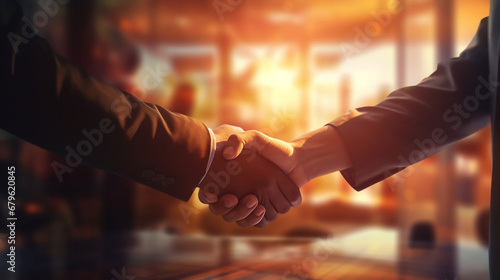 Handshake between two businessmen in an office meeting on blurred flare bokeh abstract background © BeautyStock
